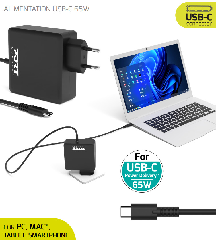 ALIMENTATION USB-C 65W - Accessoire PC portable Port 