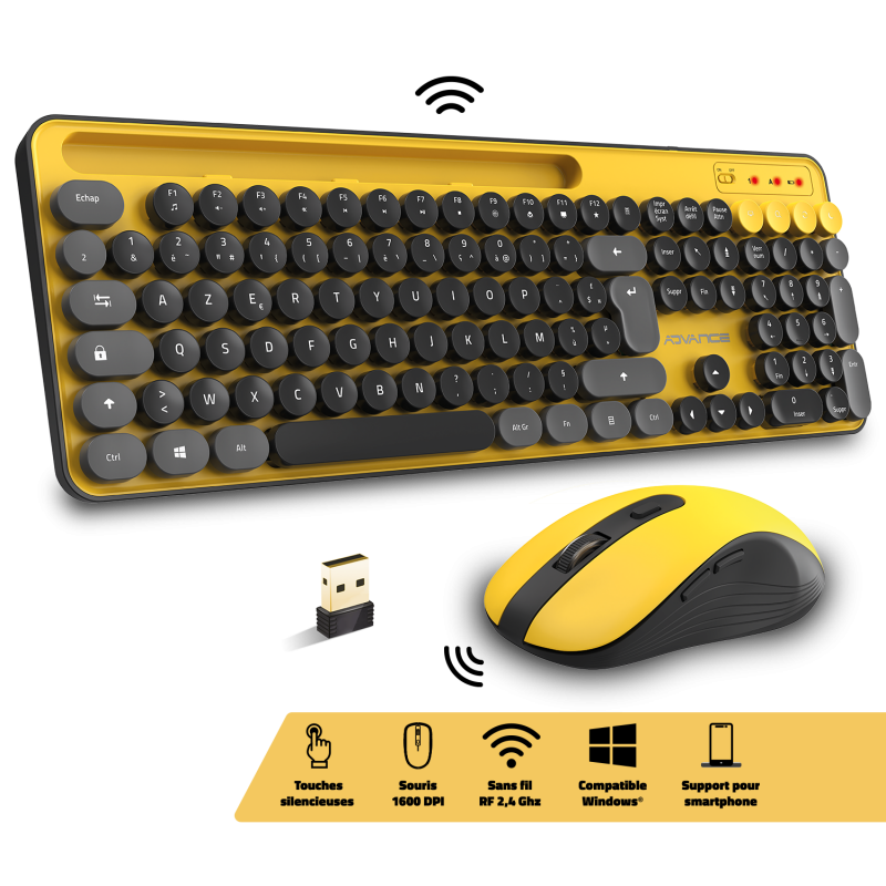 Advance PEP'S WIRELESS sans fil/Silencieux/Jaune Gris Noir - Pack Clavier/Souris - 1