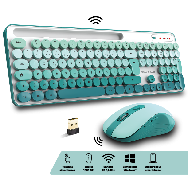 Advance PEP'S WIRELESS sans fil/Silencieux/Blanc Vert - Pack Clavier/Souris - 1