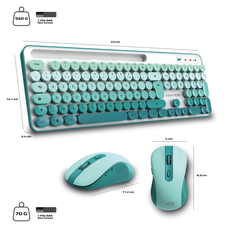 Advance PEP'S WIRELESS sans fil/Silencieux/Blanc Vert - Pack Clavier/Souris - 5