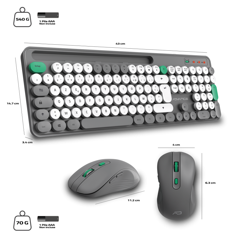 Advance PEP'S WIRELESS sans fil/Silencieux/Gris blanc Vert - Pack Clavier/Souris - 5