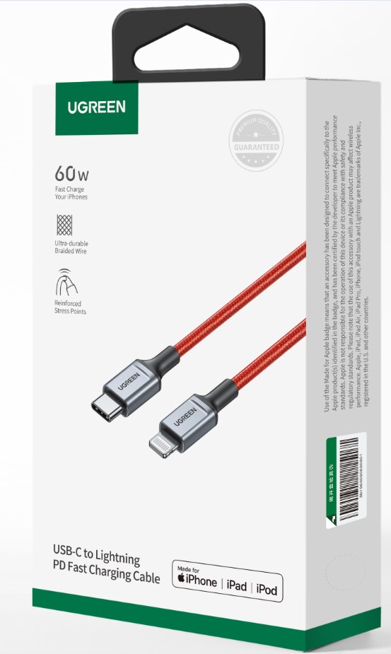 Câble USB-C vers Lightning/Tressé/60W/1m/Rouge - Connectique PC/Téléphonie  - 1