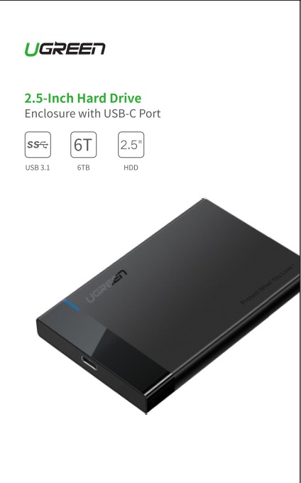 UGREEN USB-C vers USB-A/2.5"SATA/10T/HDD/0.50m/Noir - Boîtier externe - 1